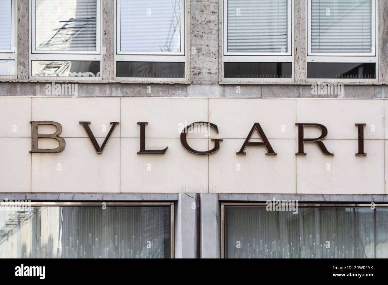 Picture of a sign with the logo of Bulgari taken on their main store for Cologne, Germany. Bulgari is an Italian luxury brand known for its jewellery, Stock Photo