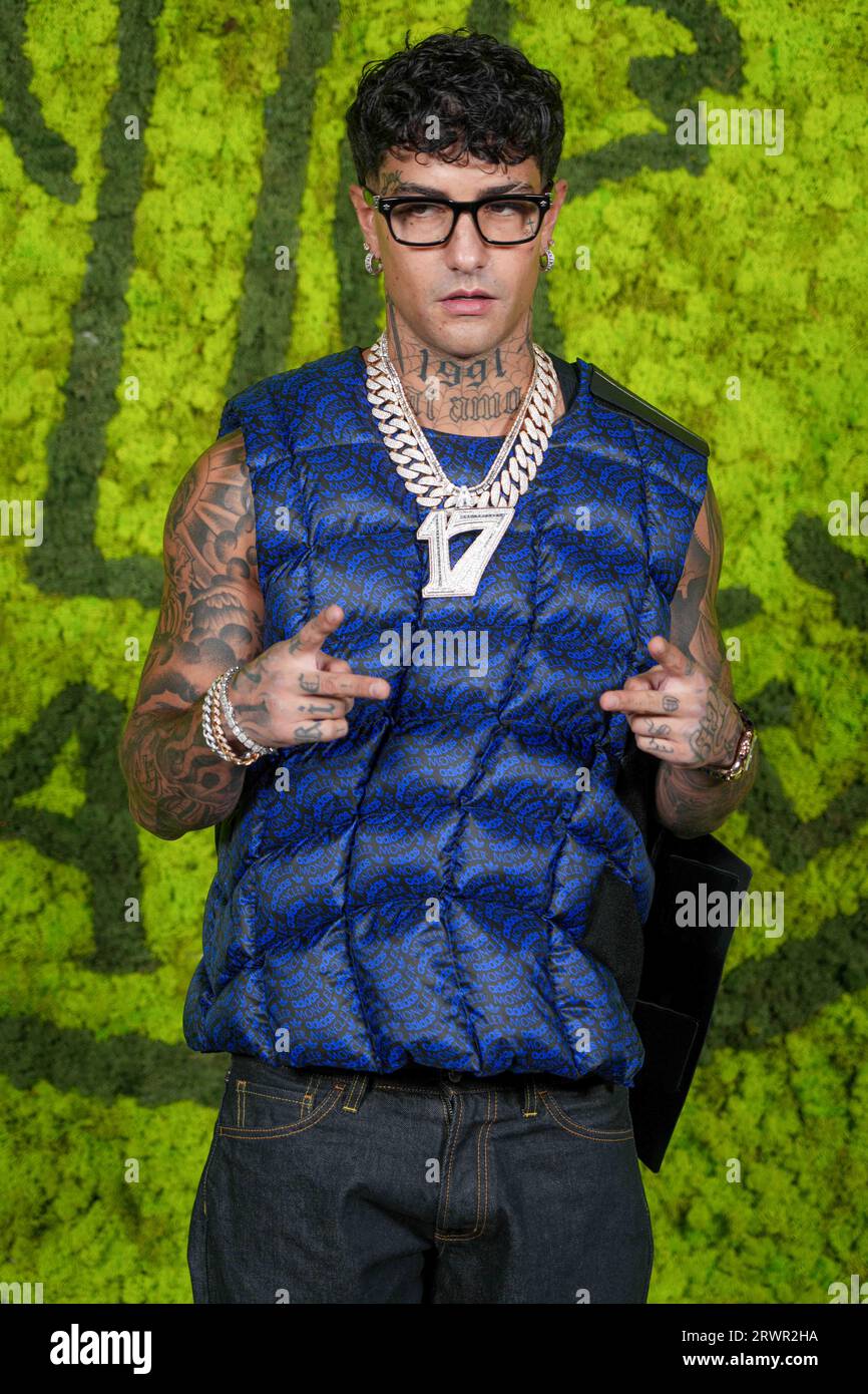 Milan, Italy. 20th Sep, 2023. Milan Fashion Week, Spring Summer 2024 celebrity arrives to the event's Moncler Milan, Women's Fashion Autumn Winter 2024 Arrivals at the Moncler event for the launch of the Pharrell Williams collection Pictured: Tony Effe Credit: Independent Photo Agency/Alamy Live News Stock Photo