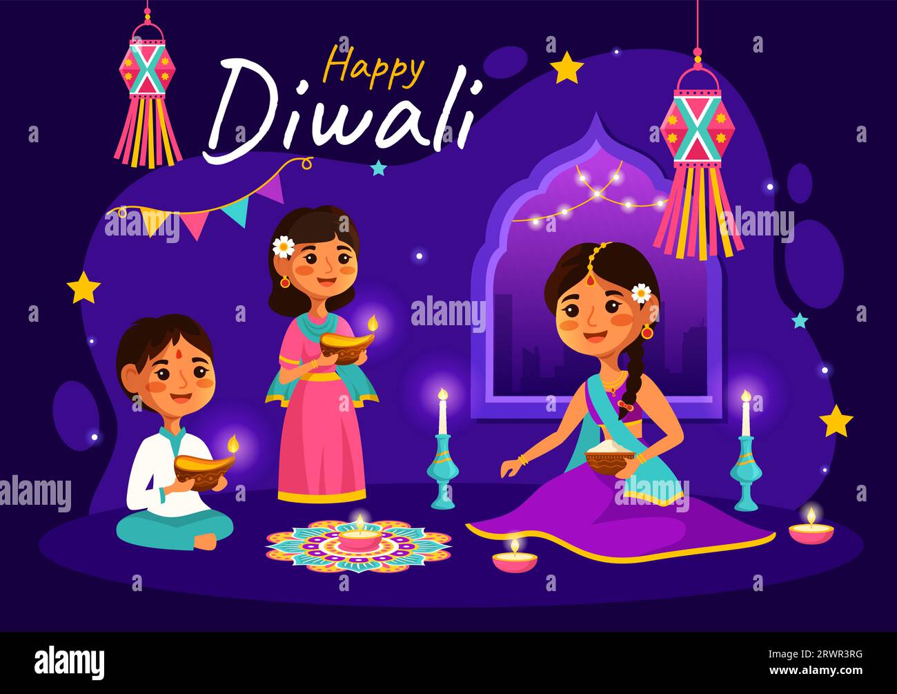 Happy Diwali Hindu Vector Illustration with Indian Rangoli and Fireworks Background for Light Festival of India in Flat Kids Cartoon Design Stock Vector