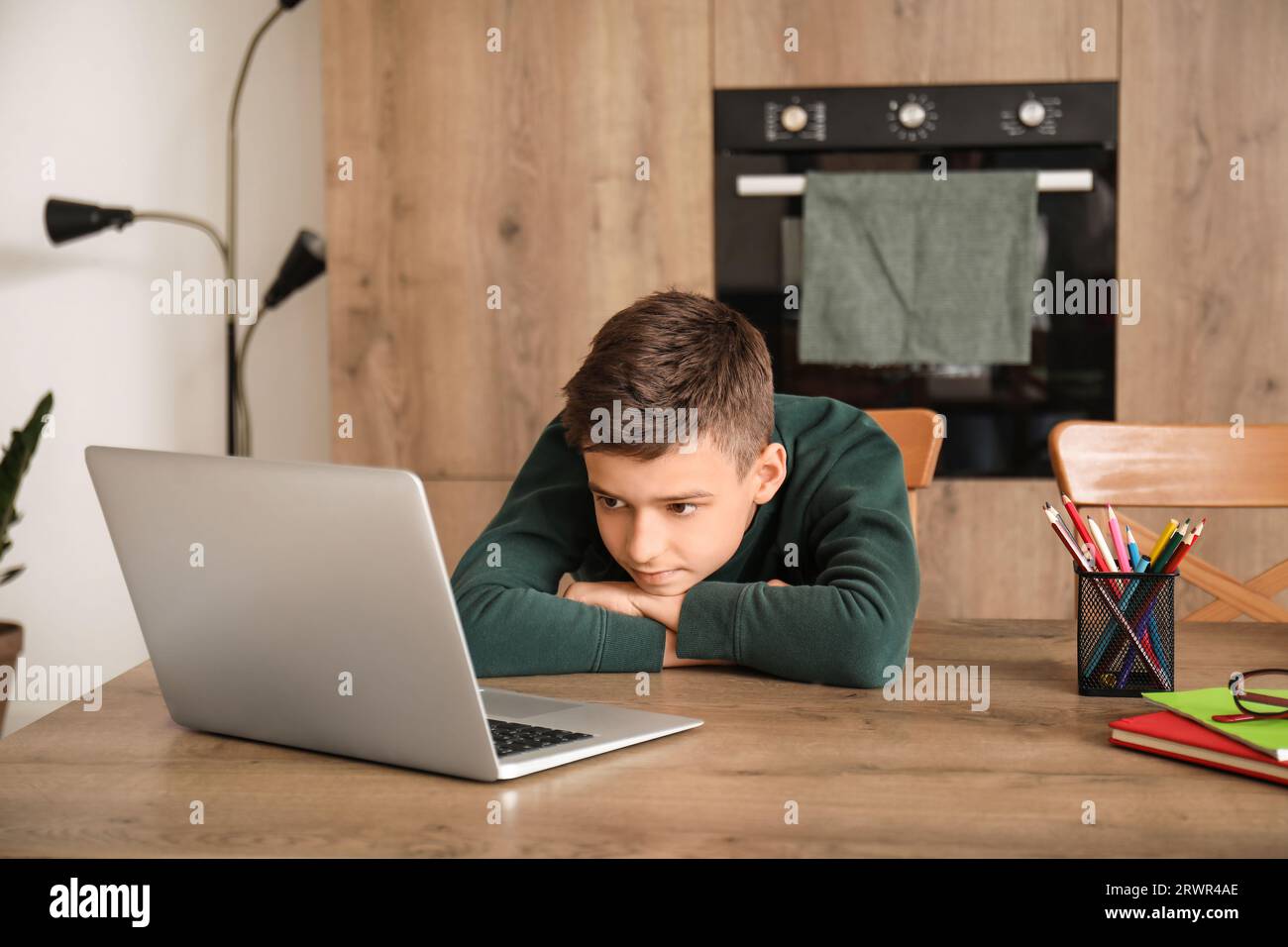 Little boy studying online with laptop in kitchen Stock Photo - Alamy