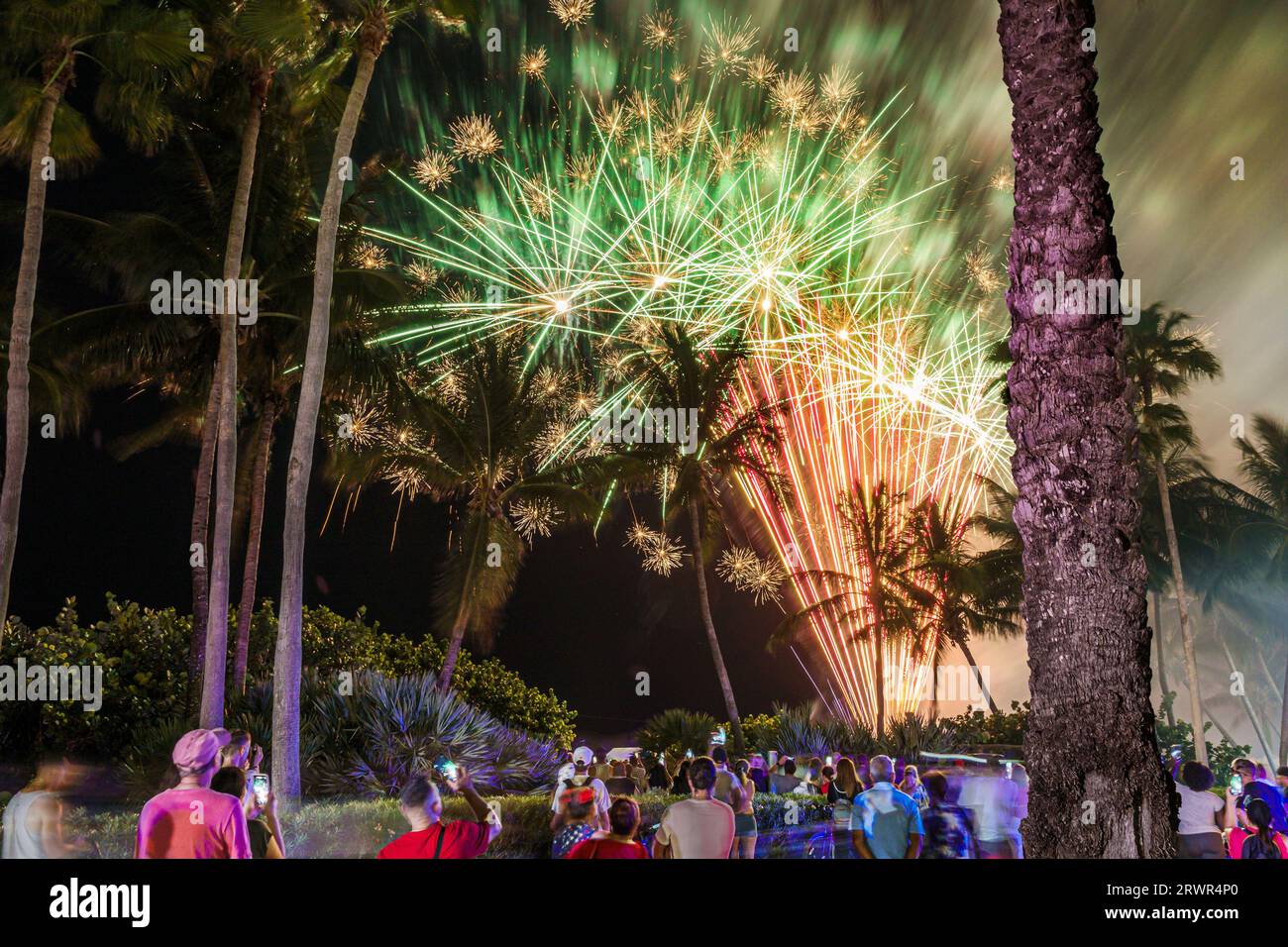 Miami Beach Florida,Ocean Terrace,Fourth 4th of July Independence Day event celebration activity,fireworks,man men male,woman women lady female,adults Stock Photo