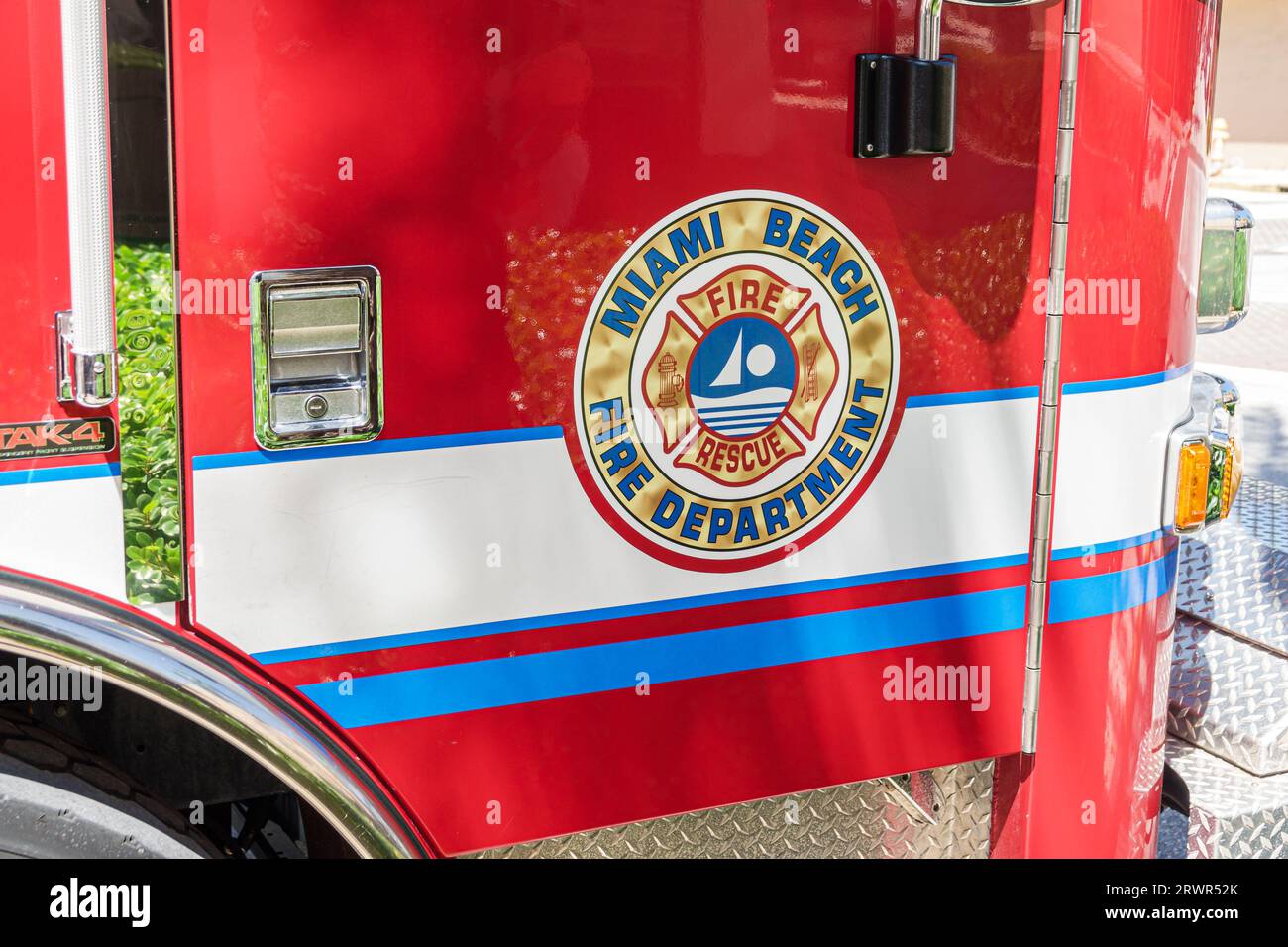 Miami Beach Florida,class 1 fire department engine truck red,seal Stock Photo