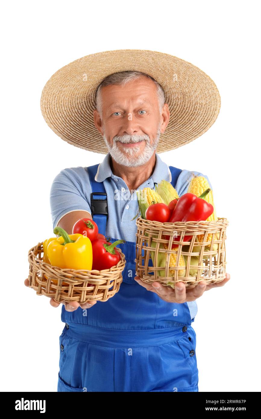 Mature male farmer with wicker baskets full of different ripe ...