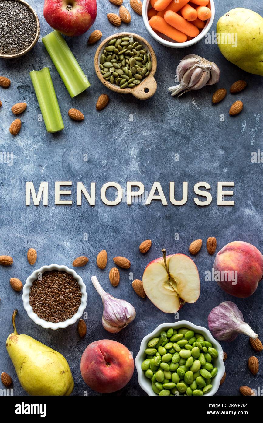 Foods high in phytoestrogens which may benefit hormones during menopause. Stock Photo