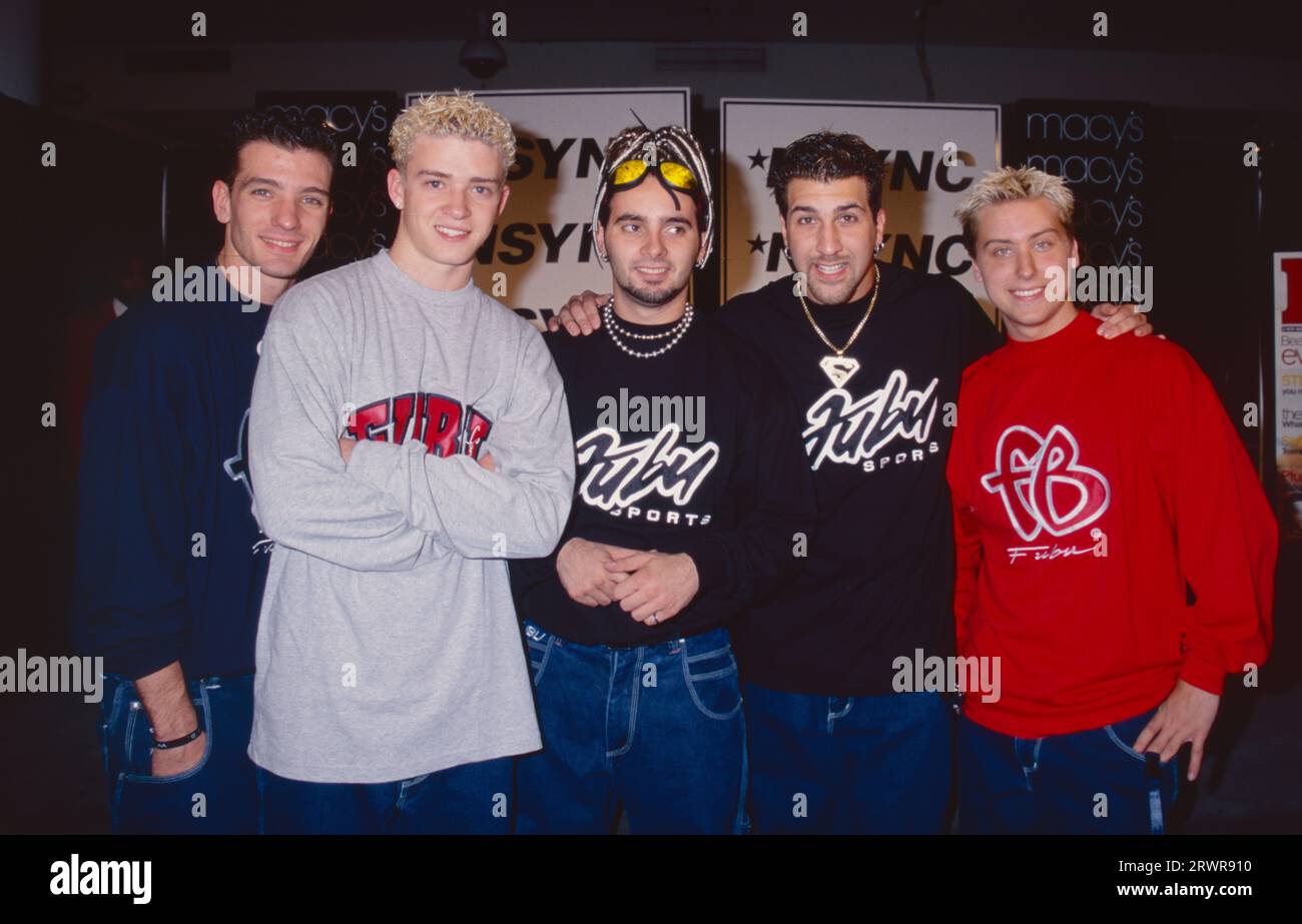 JC Chasez, Justin Timberlake, Chris Kirkpatrick, Joey Fatone and Lance Bass of NSYNC at Back-To-School Celebration at Macy's Herald Square in New York City on August 29, 1998.  Photo Credit: Henry McGee/MediaPunch Stock Photo