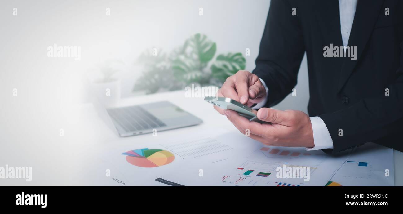 Businessman checking email on the phone screen. New email notification concept for business email communication and digital marketing. Inbox receives Stock Photo