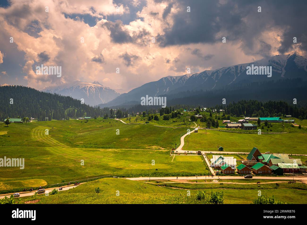 Landscape in the mountains. Panorama of the mountains. Beautiful scenic Mountain Landscape Of Gulmarg Jammu And Kashmir State India. Stock Photo