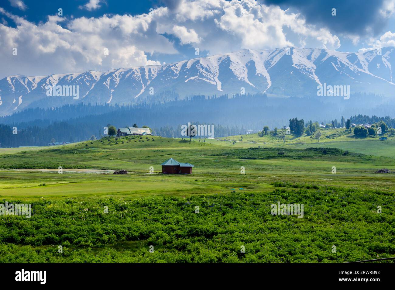 Landscape with mountains and clouds. Panorama of the mountains. Beautiful scenic Mountain Landscape Of Gulmarg Jammu And Kashmir State India Stock Photo