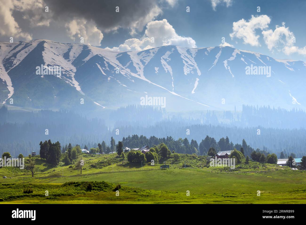 Panorama of the mountains. Beautiful scenic Mountain Landscape Of Gulmarg Jammu And Kashmir State India Stock Photo