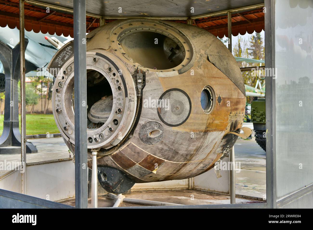 Wreckage of the Soviet Soyuz space capsule on display outside the October War Panorama in Damascus, Syria Stock Photo