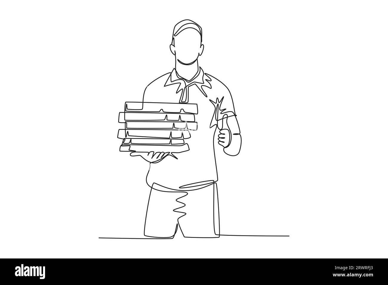 Single one line drawing of happy pizza delivery man gives thumbs up gesture before deliver package to customer. Food delivery service business. Contin Stock Photo