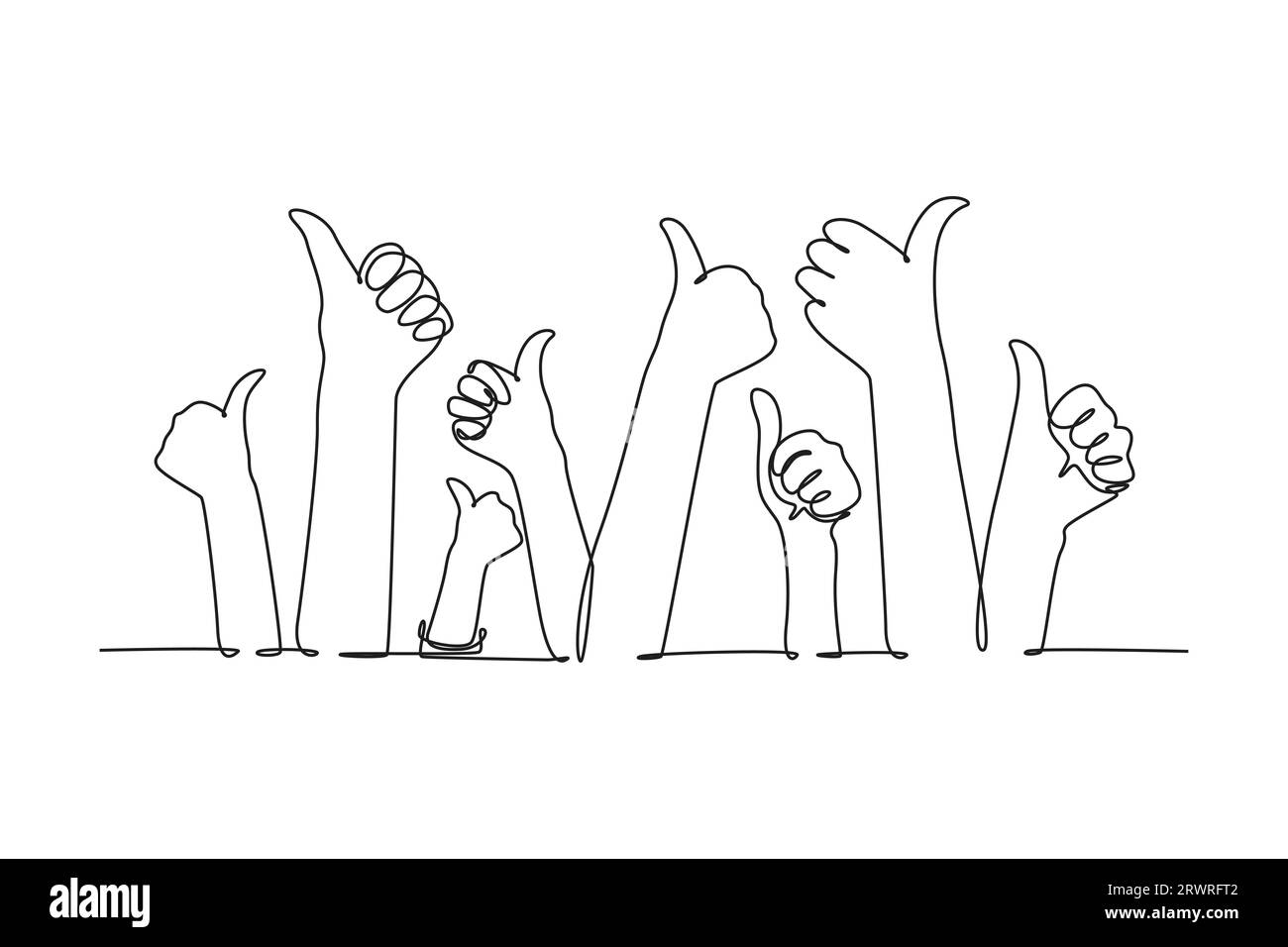 Single one line drawing people arm hands raising with thumb up gesture