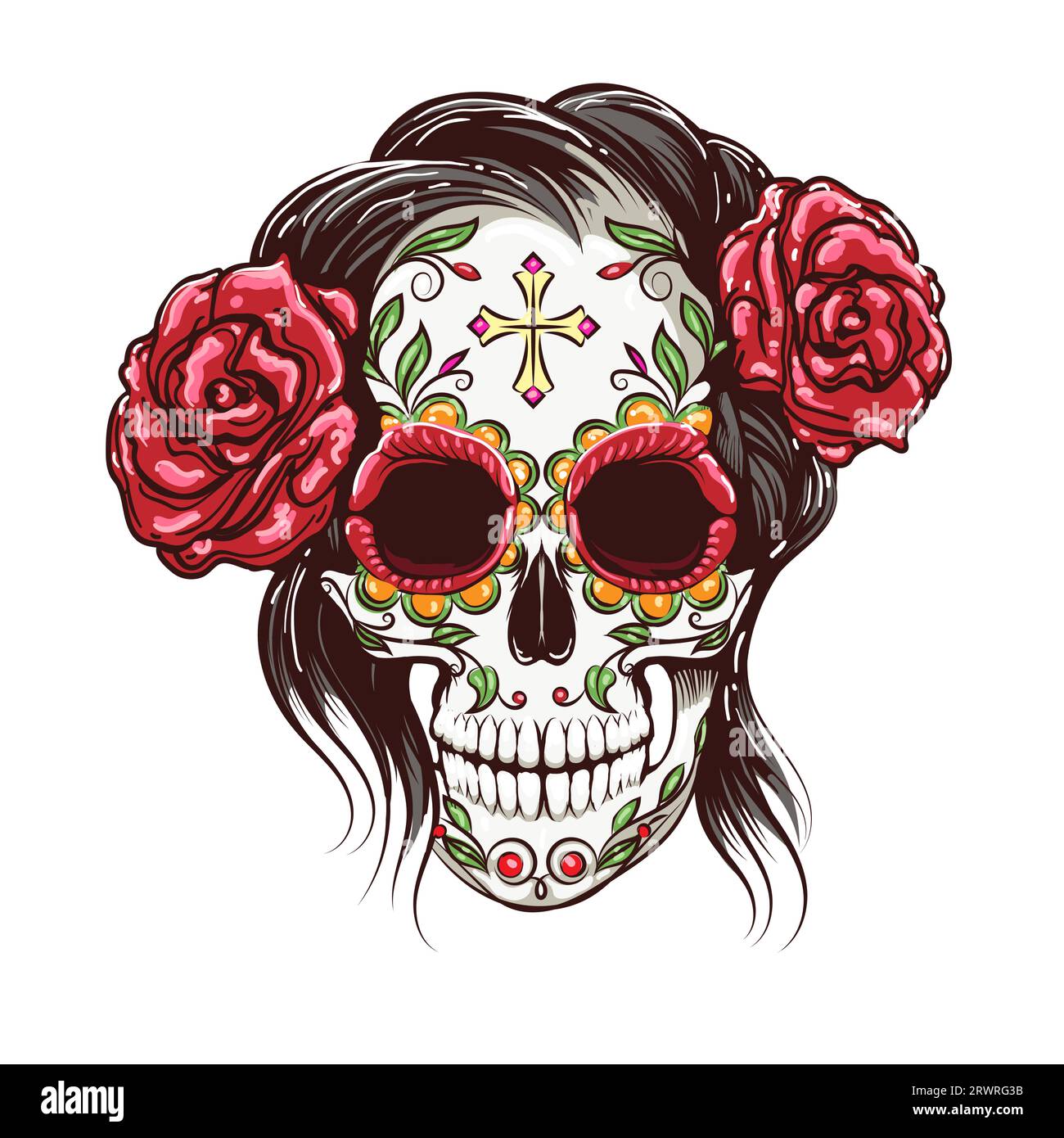 Human Skull with Sugar Skull Makeup Day of The Dead Illustration isolated on white. Vector illustration Stock Vector