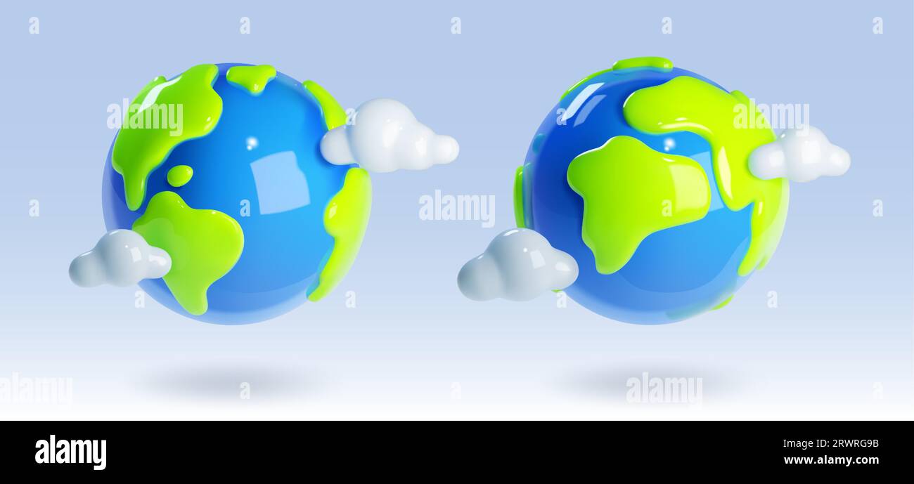 3d render earth planet object world vector icon. Green recycle environment sphere for school. Realistic minimal plastic globe symbol with cloud clipart set. Science or travel graphic illustration Stock Vector
