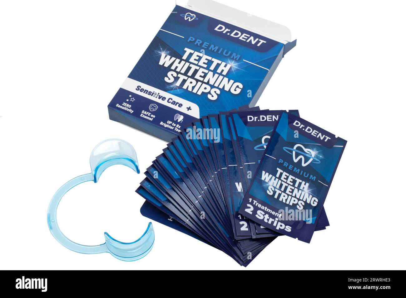 Box and Sachets of Teeth Whitening Strips from Dr.Dent, Premium Sensitive Care Plus, one sachet, two Strips, one Treatment, 40 Strips Total Stock Photo