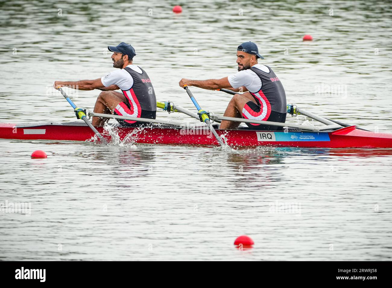 Hangzhou, China's Zhejiang Province. 21st Sep, 2023. Baker Shihab Ahmed Al-Dulaimi (R) and Mohammed Riyadh Jasim Al-Khafaji of Iraq compete during the Men's Double Sculls Repechage of rowing at the 19th Asian Games in Hangzhou, east China's Zhejiang Province, Sept. 21, 2023. Credit: Jiang Han/Xinhua/Alamy Live News Stock Photo