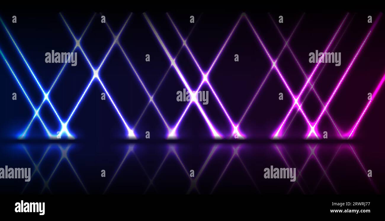 Blue and ultraviolet neon laser lines with reflection. Abstract rays ...