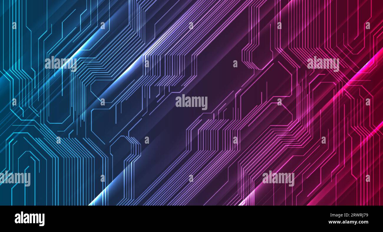 Blue and purple glowing background with circuit board chip lines ...