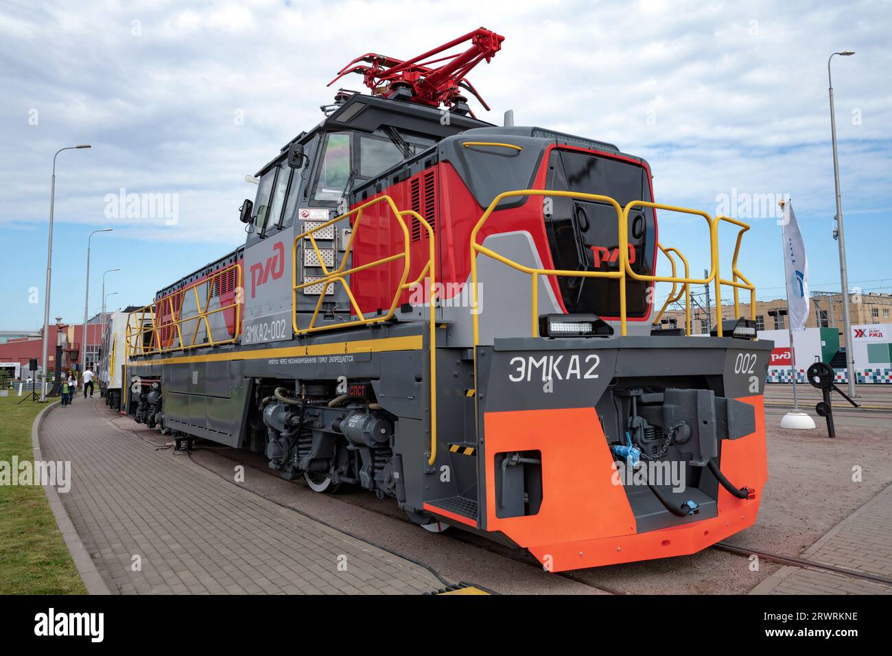 SAINT PETERSBURG, RUSSIA - AUGUST 27, 2023: New Russian shunting electric locomotive EMKA2 close-up. Railway transport forum 'PRO//Dvizhenie.Expo' Stock Photo