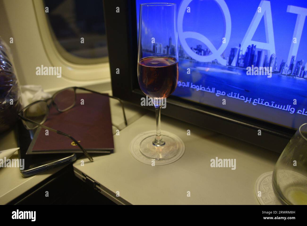 qatar airways, A380 , business bar brandy, drinks spirits, taste of paris,  best airline in world Stock Photo