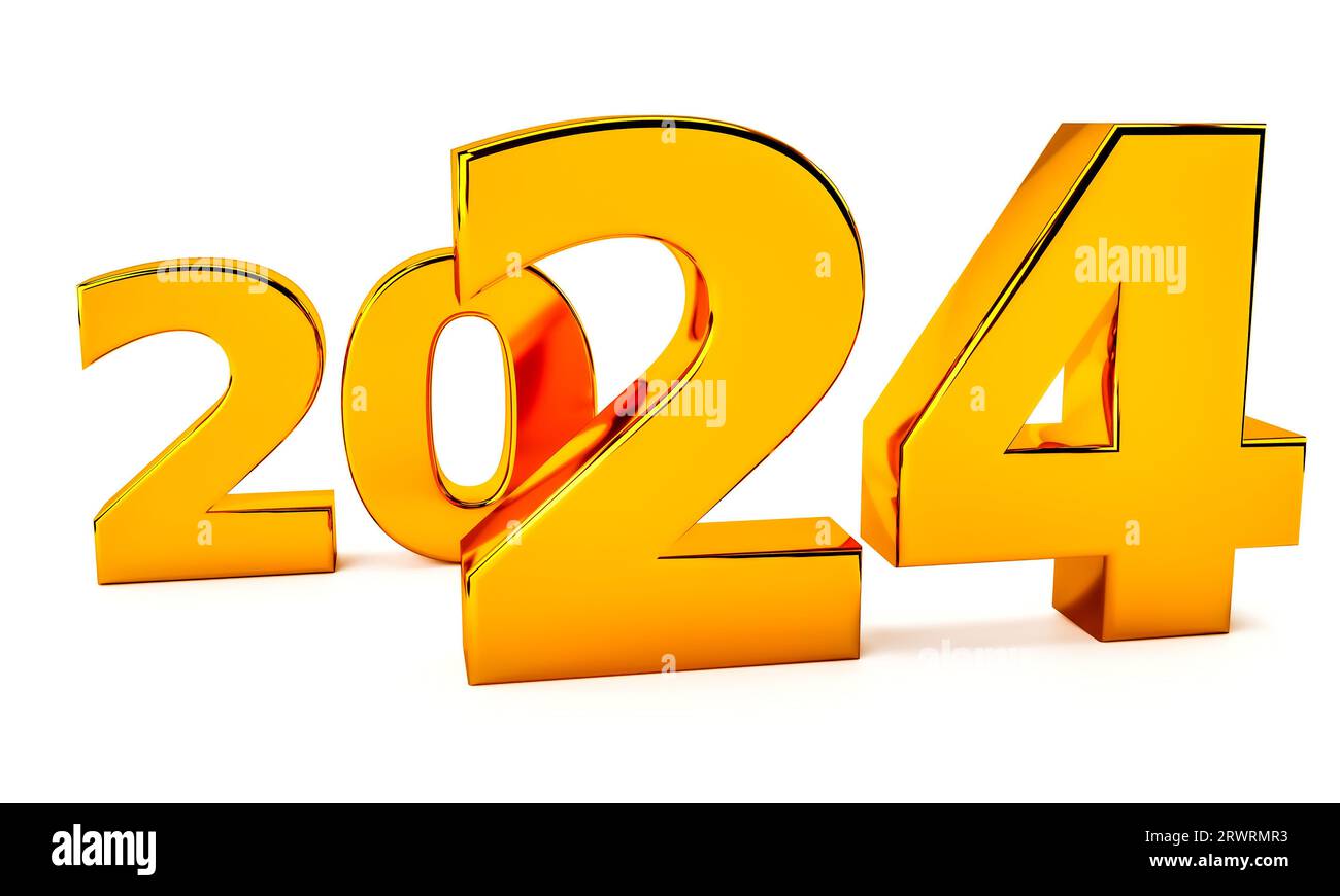 New year holidey concept in golden colors. Number 2024. 3d rendering