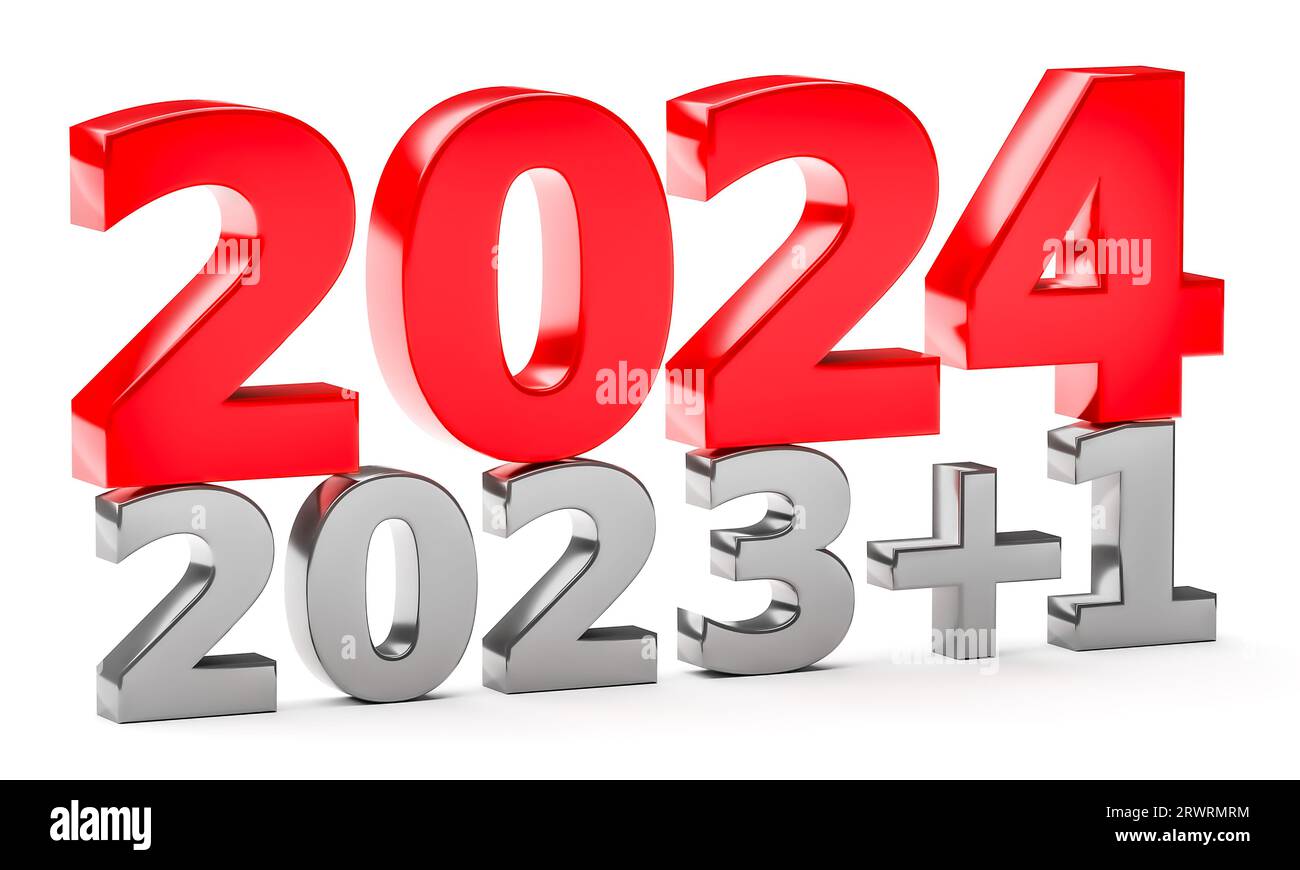 New year concept. Numbers 2023 plus 1 and 2024 isolated on white. 3d