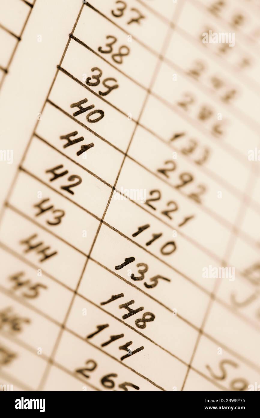 Table of hand written numbers. Short depth of field Stock Photo