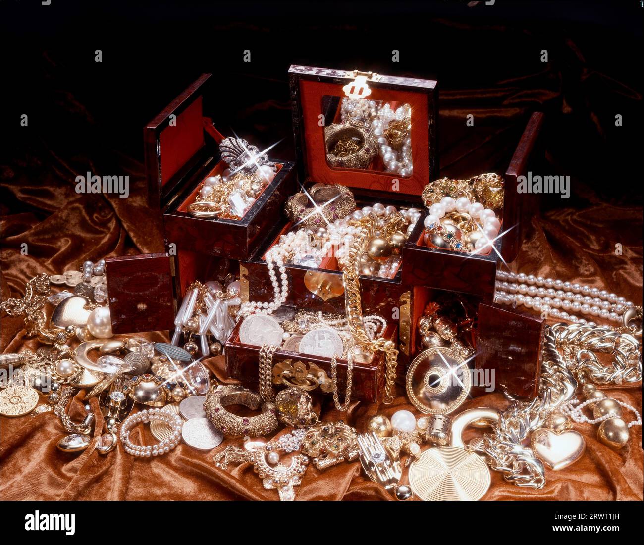 Treasure chest with lots of jewellery Stock Photo