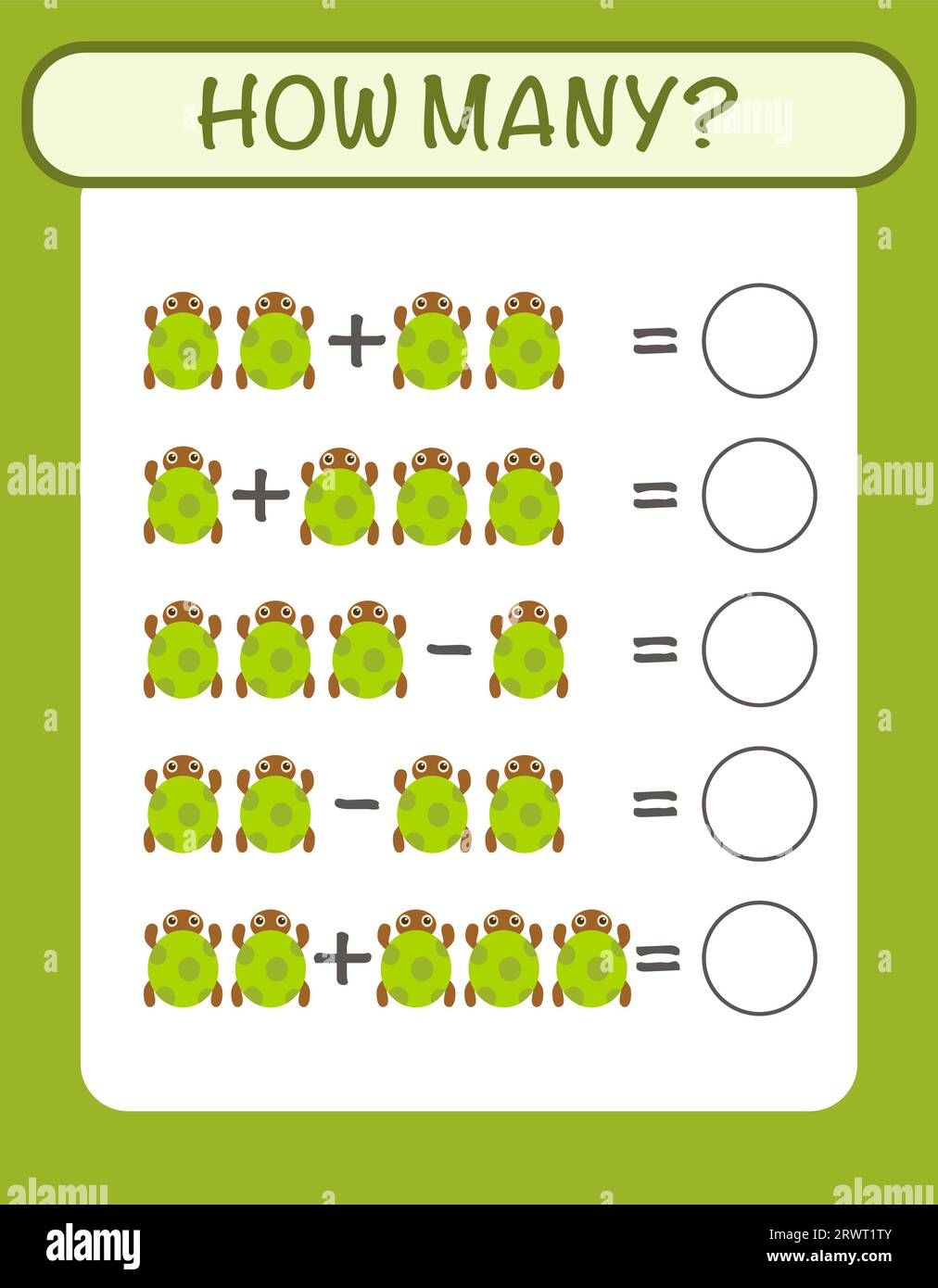 Vector preschool addition math worksheet template How many turtles are ...