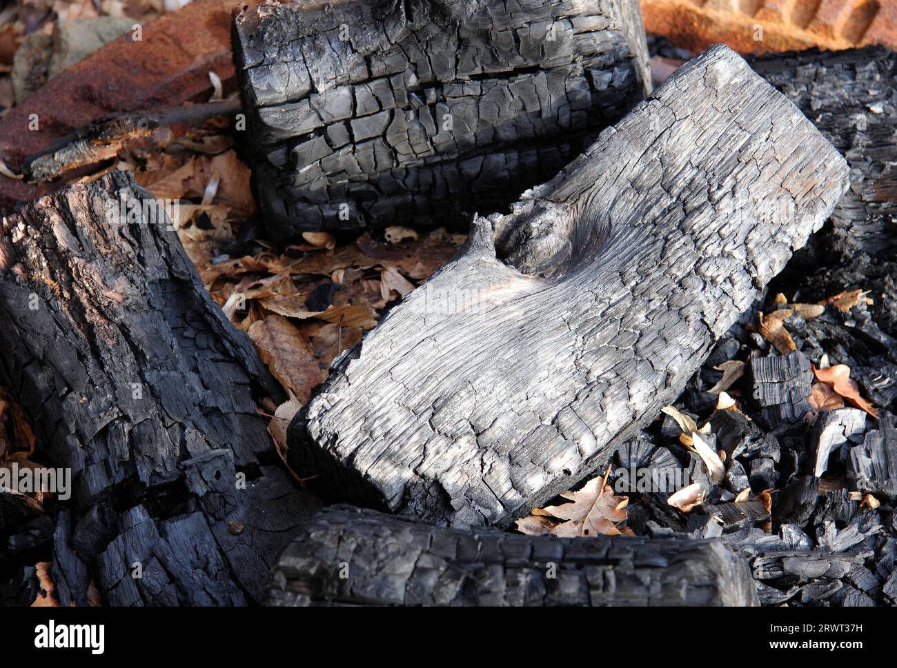 Charred pieces of wood from a fireplace on a manhole cover Stock Photo