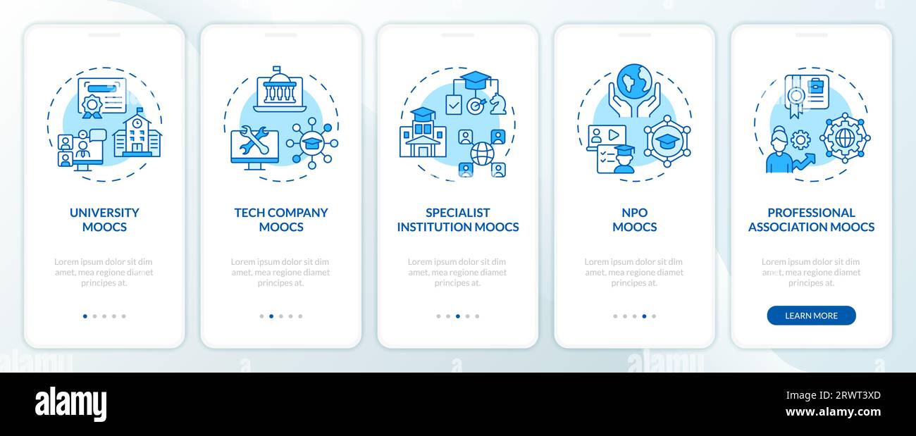 Walkthrough MOOC with blue icons concept Stock Vector