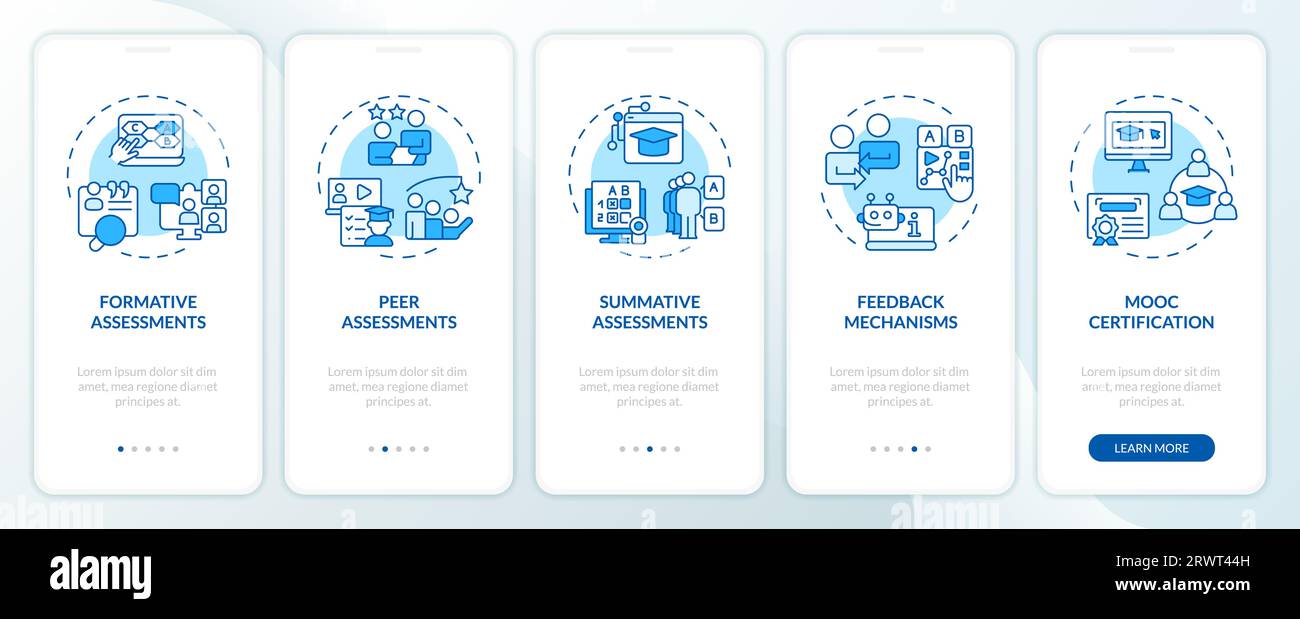 Walkthrough MOOC with blue line icons Stock Vector