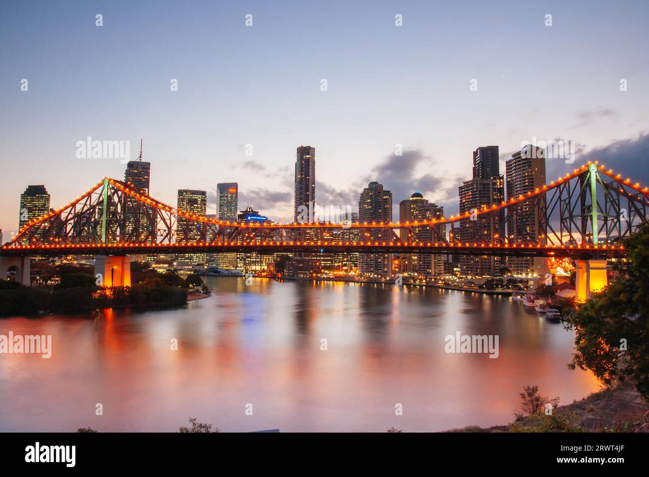 Brisbane, Australia, September 9 2008: Brisbane skyline and Story Bridge from the suburb of New Farm at dusk in Queensland, Australia Stock Photo