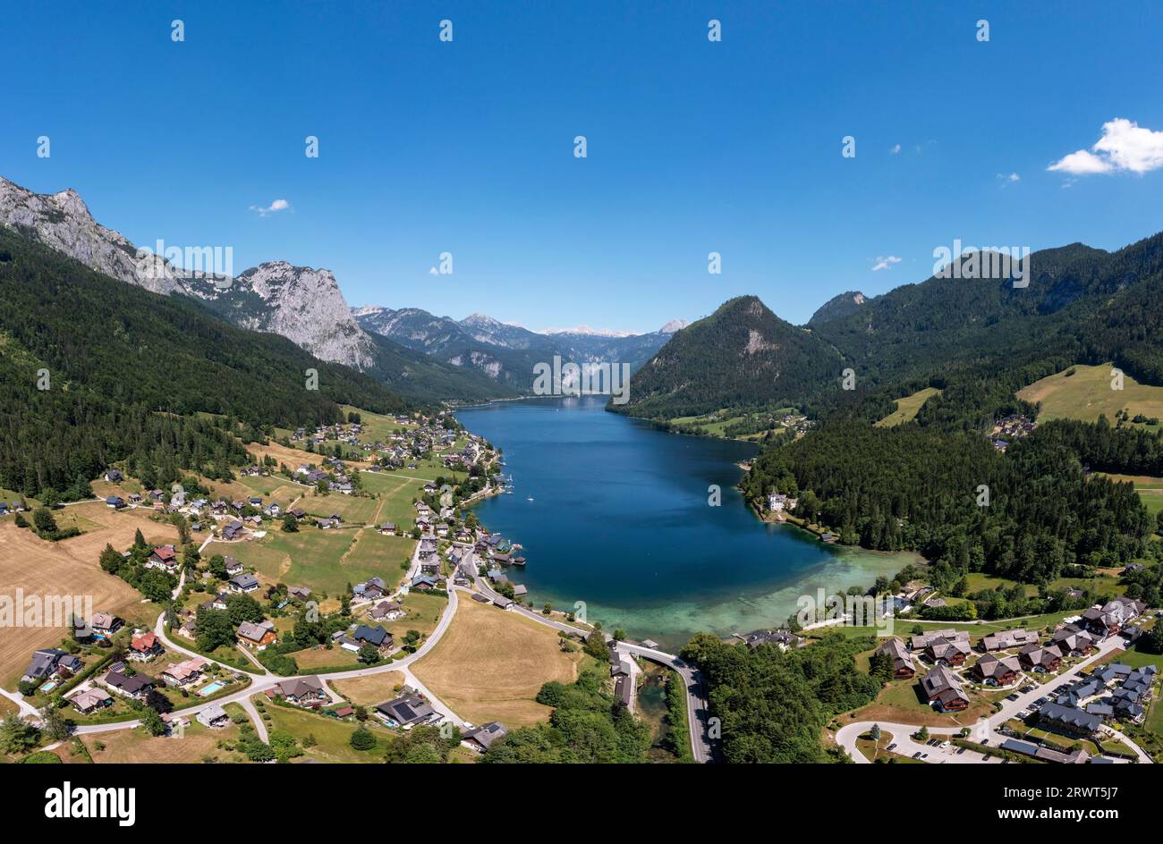 Drone shot, Grundlsee with village Grundlsee, Totes Gebirge, Ausseerland, Salzkammergut, Styria, Austria, Europe Stock Photo