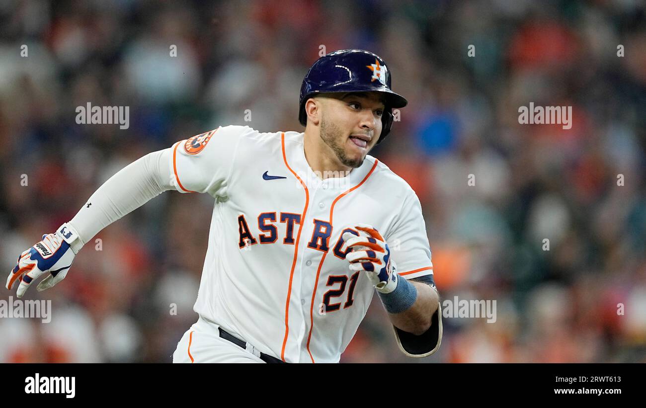 HOUSTON, TX - SEPTEMBER 20: Houston Astros second baseman Mauricio Dubon  (14) hits a walkoff single in the bottom of the 9th during the baseball  game between the Baltimore Orioles and Houston