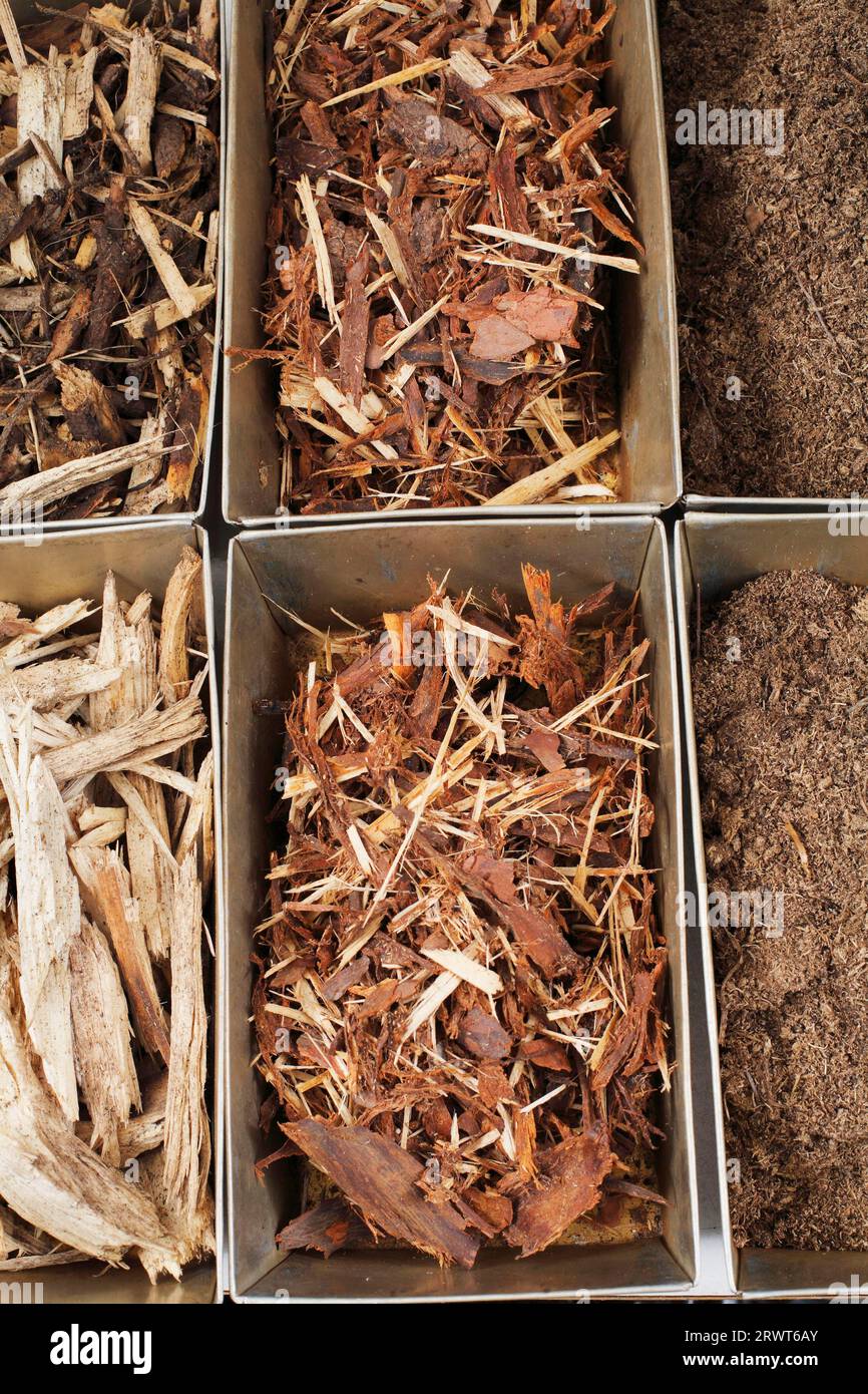 Biomass fuel samples. From left: wood, bark, peat Stock Photo - Alamy