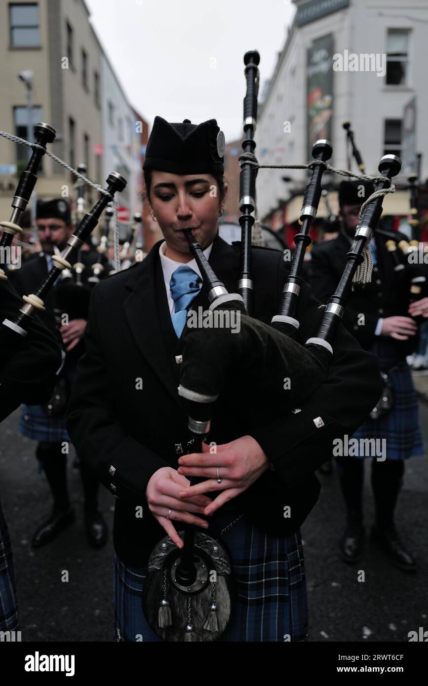A bagpiper from the West of Ireland playing during the Tradfest in Temple Bar. Dublin, Ireland, Europe Stock Photo