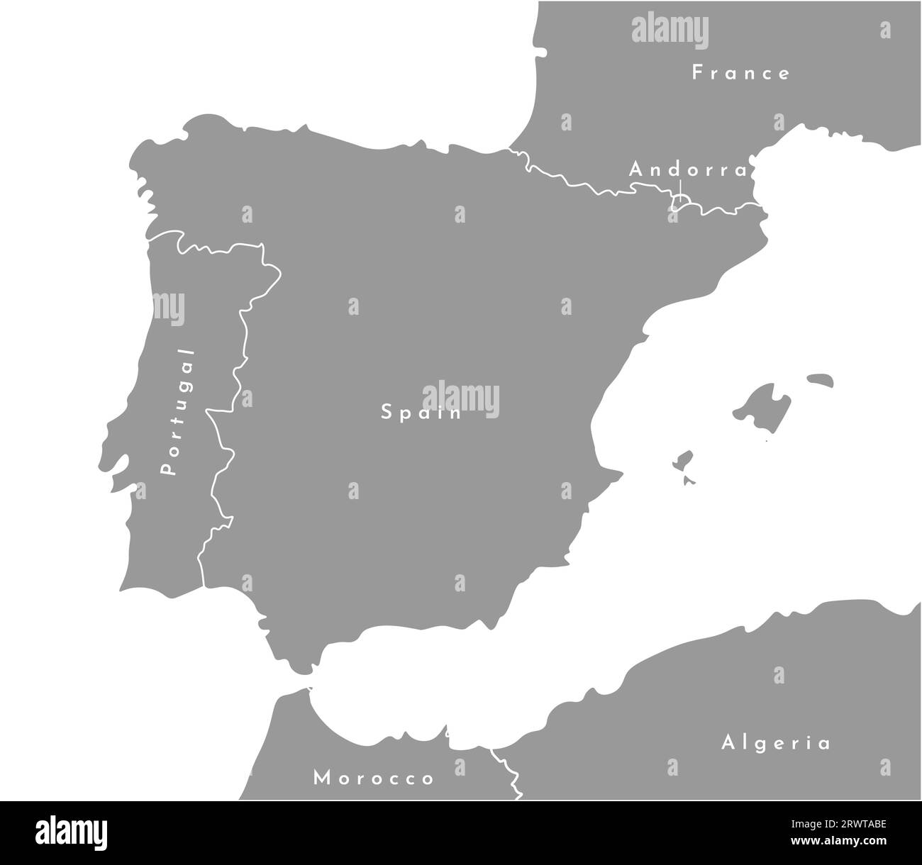 Vector modern illustration in grey color. Simplified european political map with Spain in the center. White background and outlines. Borders with Port Stock Vector