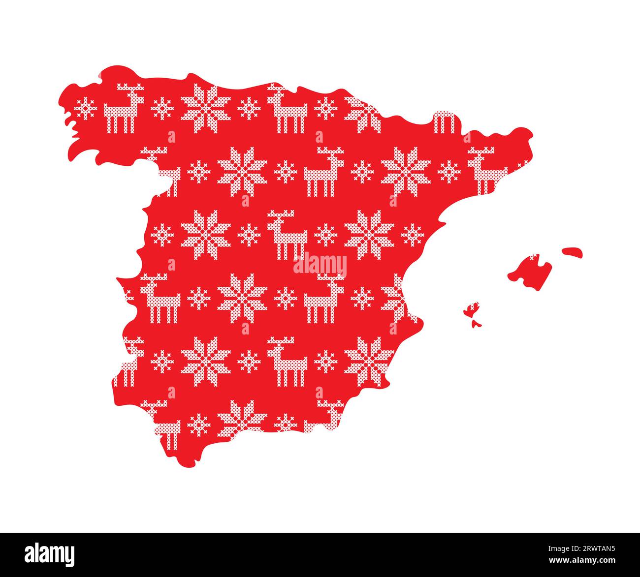 Vector isolated illustration for New Year and Christmas holiday. Simplified Spain map. Red pattern decorated white cross stitched snowflakes and reind Stock Vector