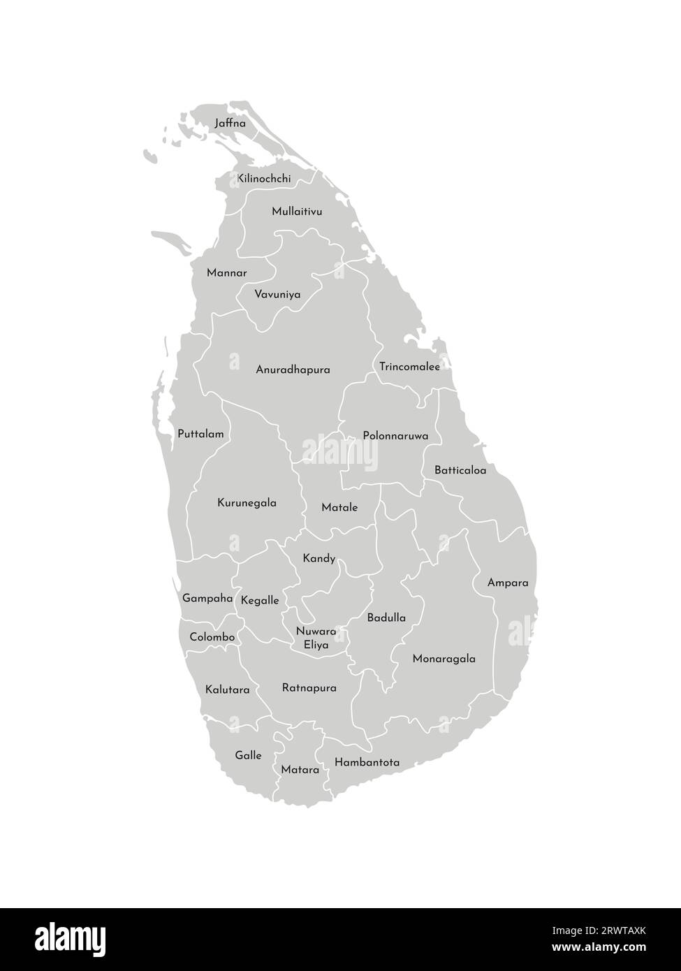 Vector isolated illustration of simplified administrative map of Sri Lanka. Borders and names of the provinces (regions). Grey silhouettes. White outl Stock Vector