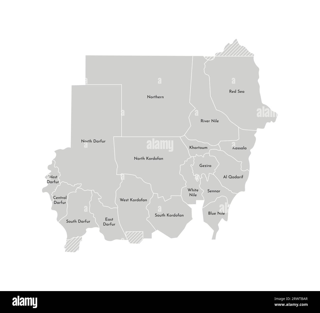 Vector isolated illustration of simplified administrative map of Sudan. Borders and names of the provinces (regions). Grey silhouettes. White outline Stock Vector