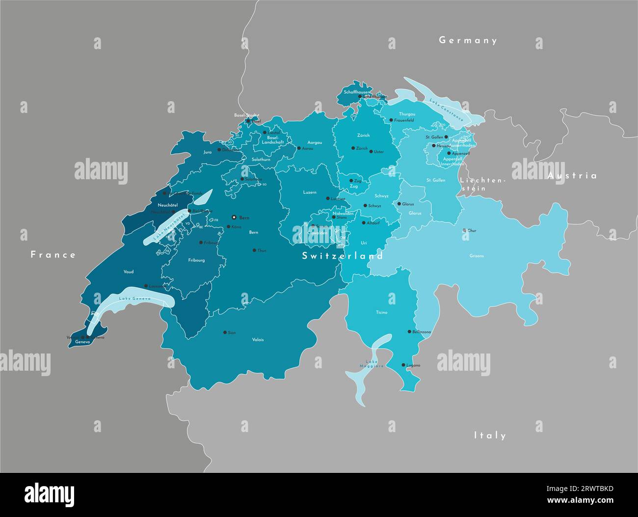 Vector modern illustration. Simplified administrative map of Switzerland and borders neighboring countries. Light blue shapes of lakes. Names of swiss Stock Vector