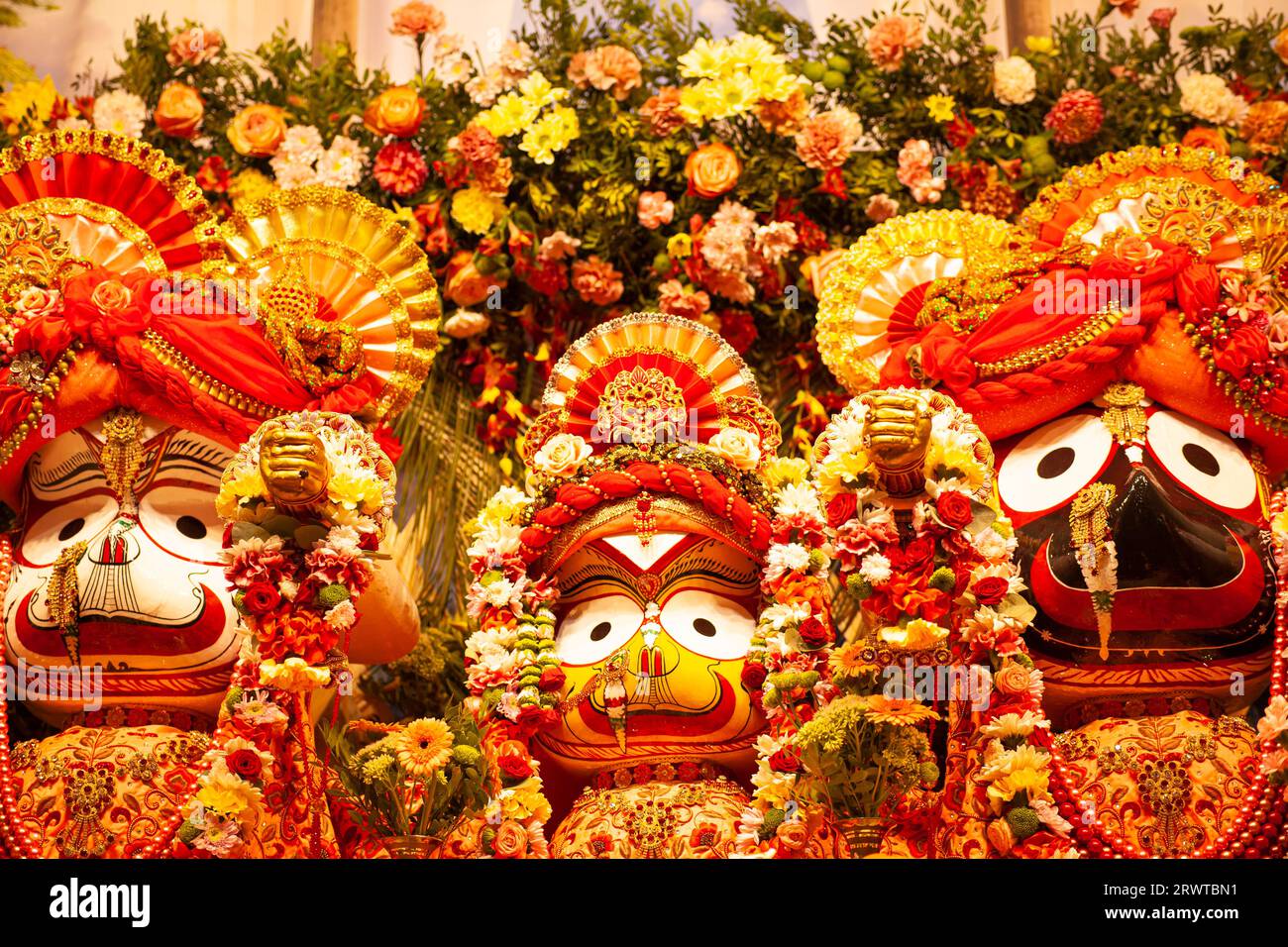 Moscow, Russia, September 7, 2023: Beautiful deities of Lord Jagannath, Balaram and Subhadra Maharani in ISKCON temple in Moscow. Stock Photo