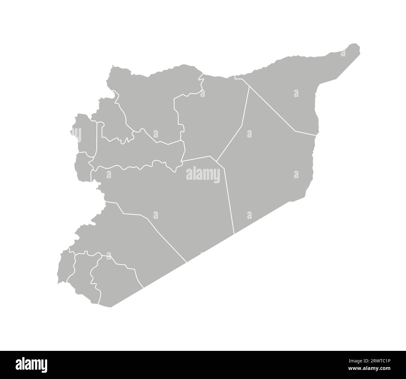 Vector isolated illustration of simplified administrative map of Syria. Borders of the provinces (regions). Grey silhouettes. White outline. Stock Vector