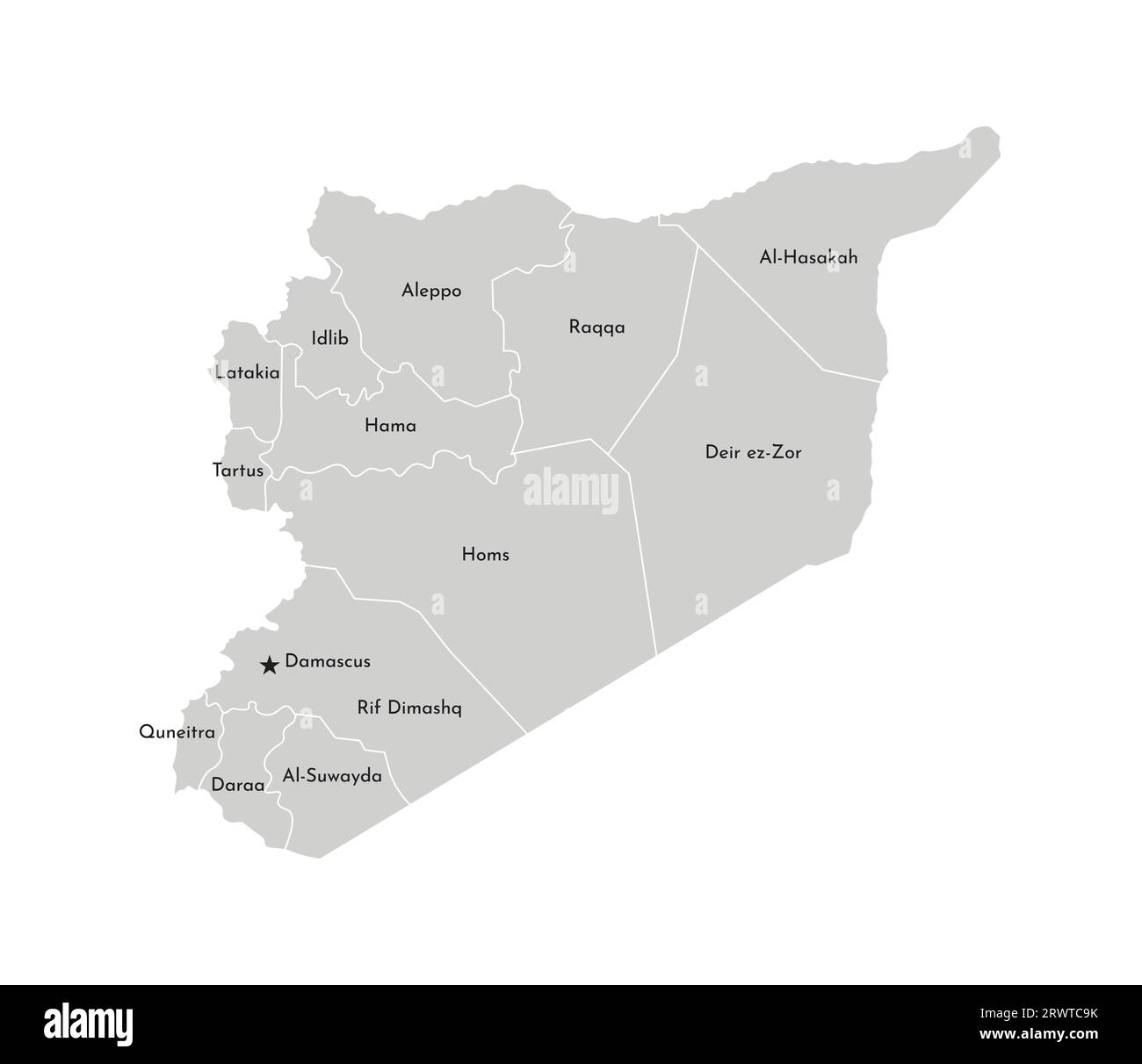 Vector isolated illustration of simplified administrative map of Syria. Borders and names of the provinces (regions). Grey silhouettes. White outline. Stock Vector
