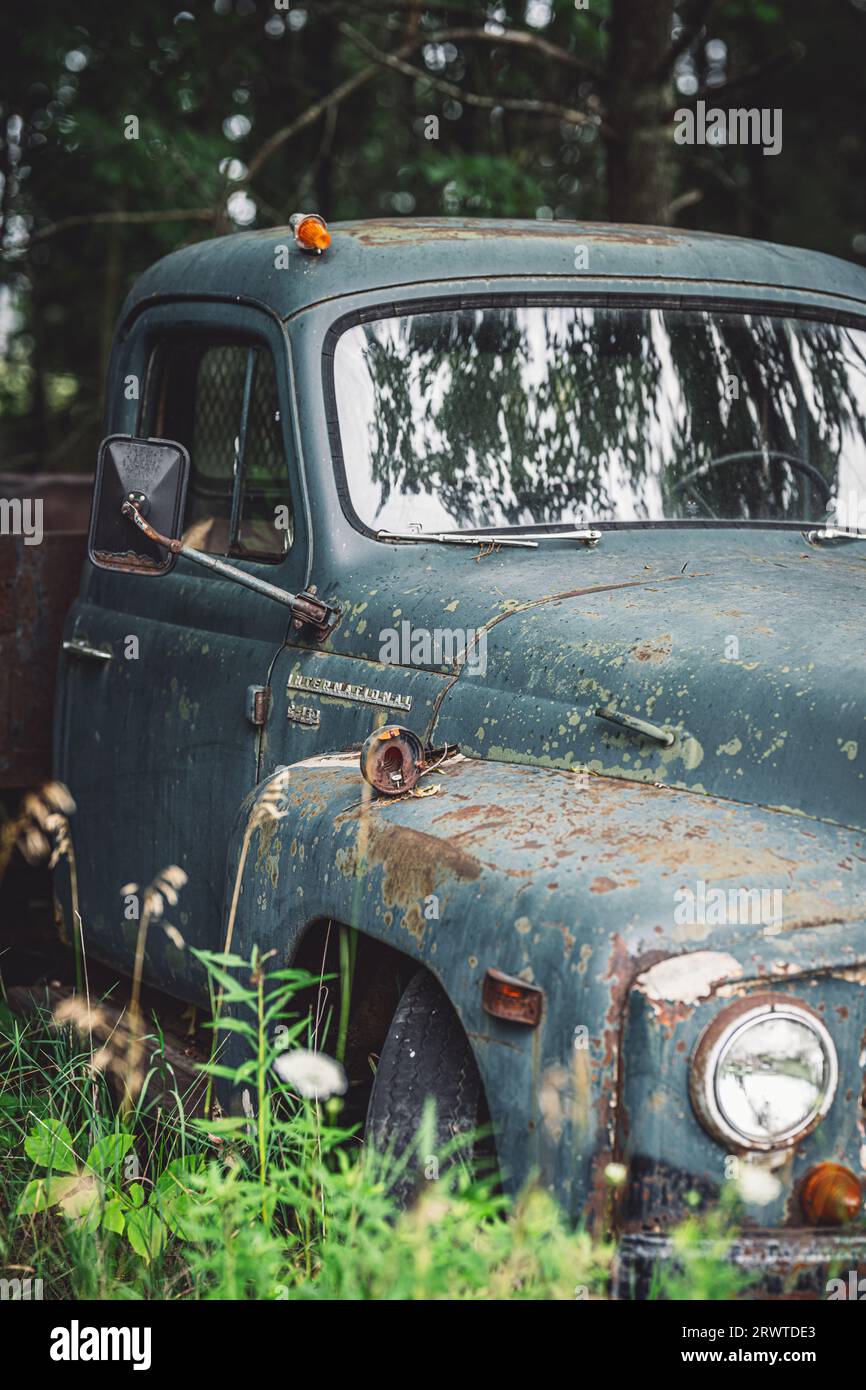 A vertical of an old pick-up truck parked in a green grassy area Stock ...