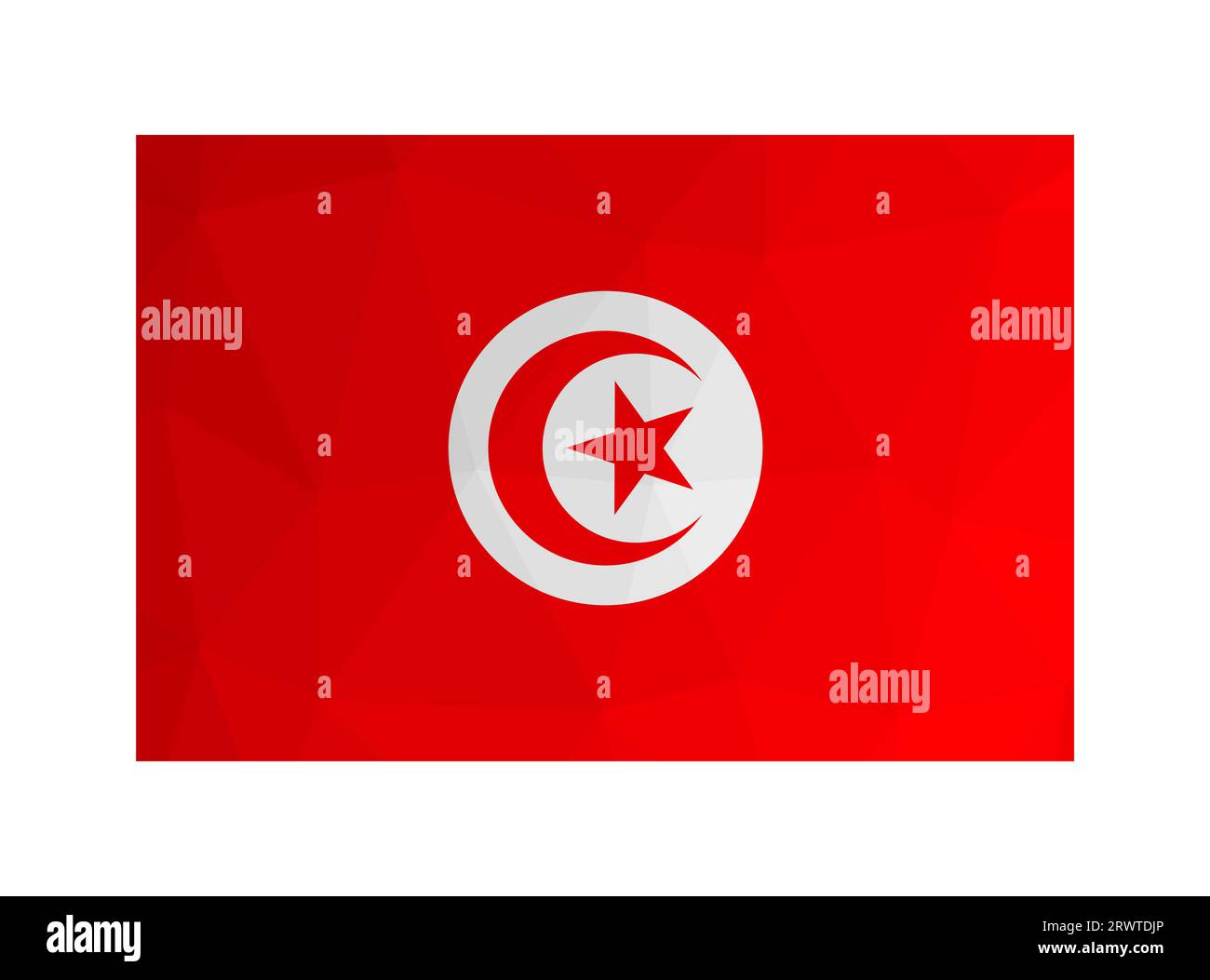 Vector isolated illustration. National Tunisian flag with white sun-disc, red star and crescent. Official symbol of Tunisia. Creative design in low po Stock Vector