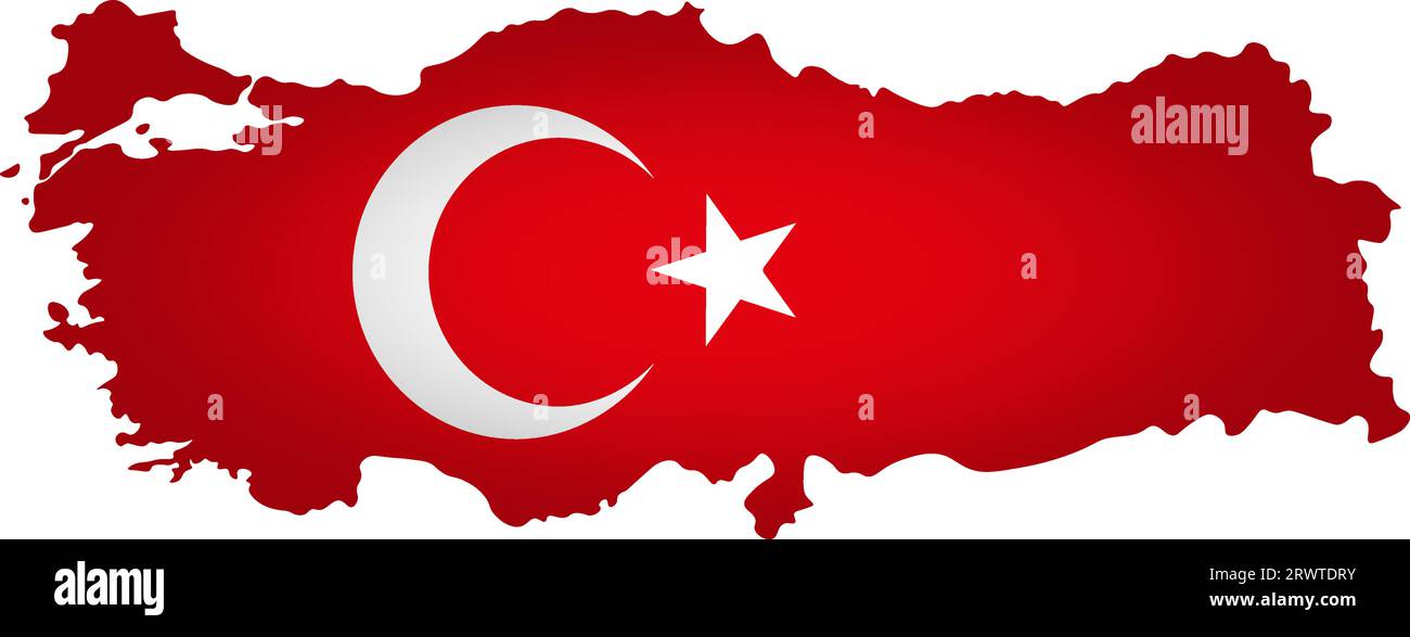 Illustration with national flag with simplified  shape of Turkey map (jpg). Volume shadow on the map. Stock Vector