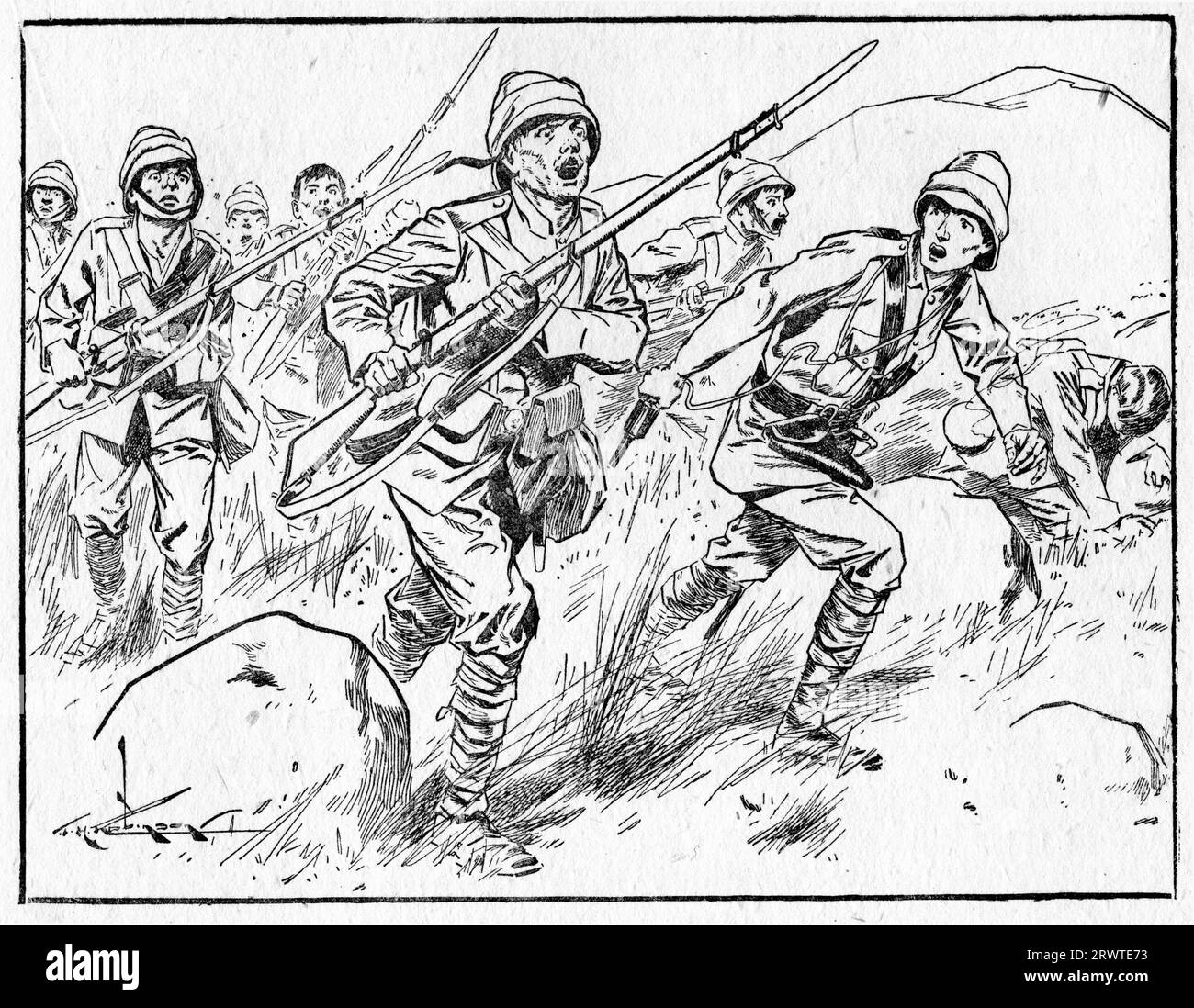 Illustration of a British bayonet charge, circa 1910 Stock Photo