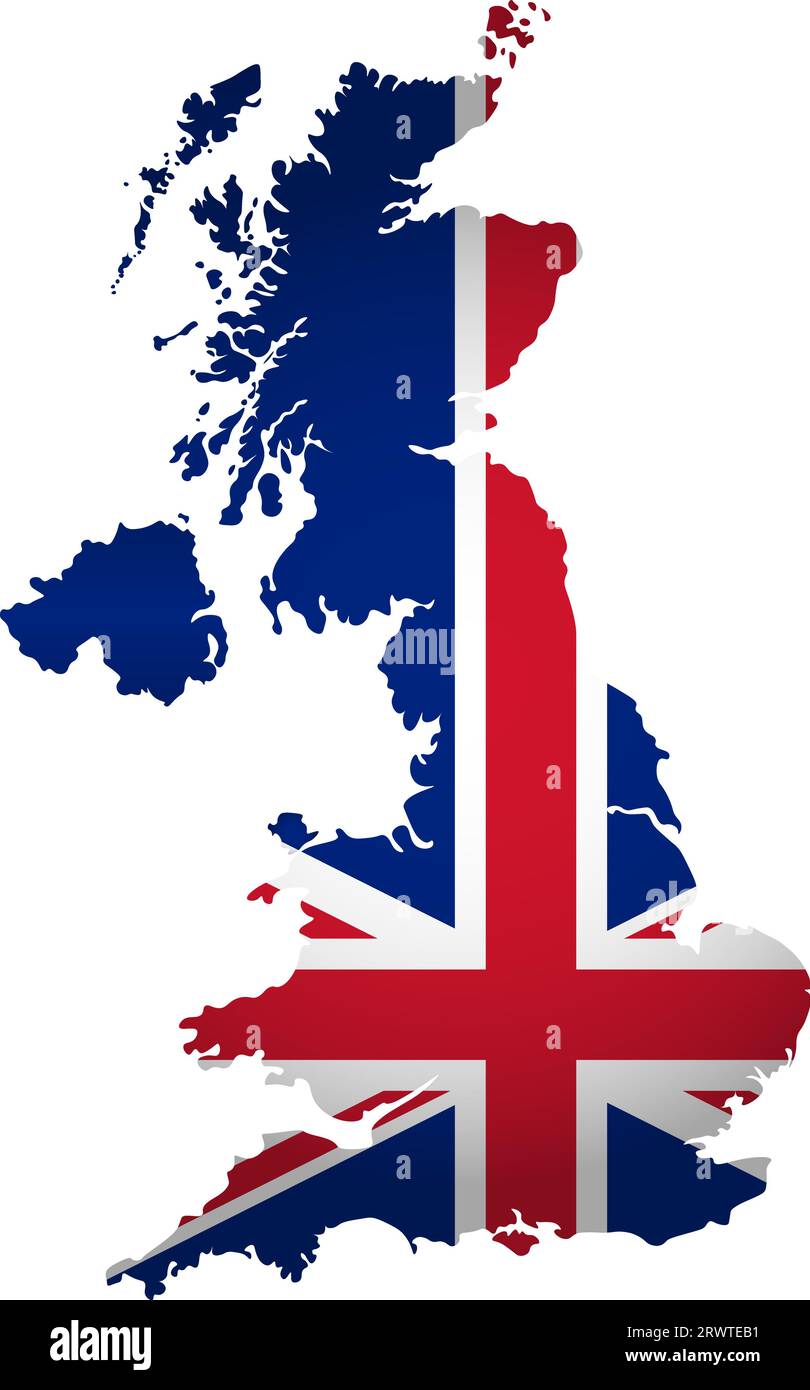 Illustration with UK national flag with simplified  shape of United Kingdom of Great Britain and Northern Ireland map (jpg). Volume shadow on the map Stock Vector